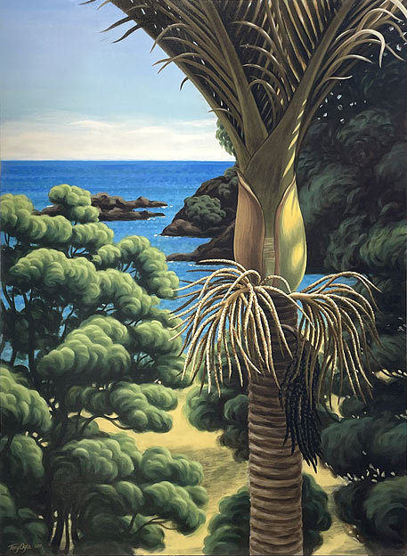 Tony Ogle NZ landscape artist, acrylic on board, nikau painting